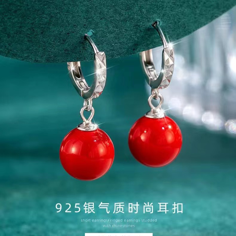 925银耳饰 新年耳环女珠珠精致耳扣气质红色时尚复古养耳洞耳饰品