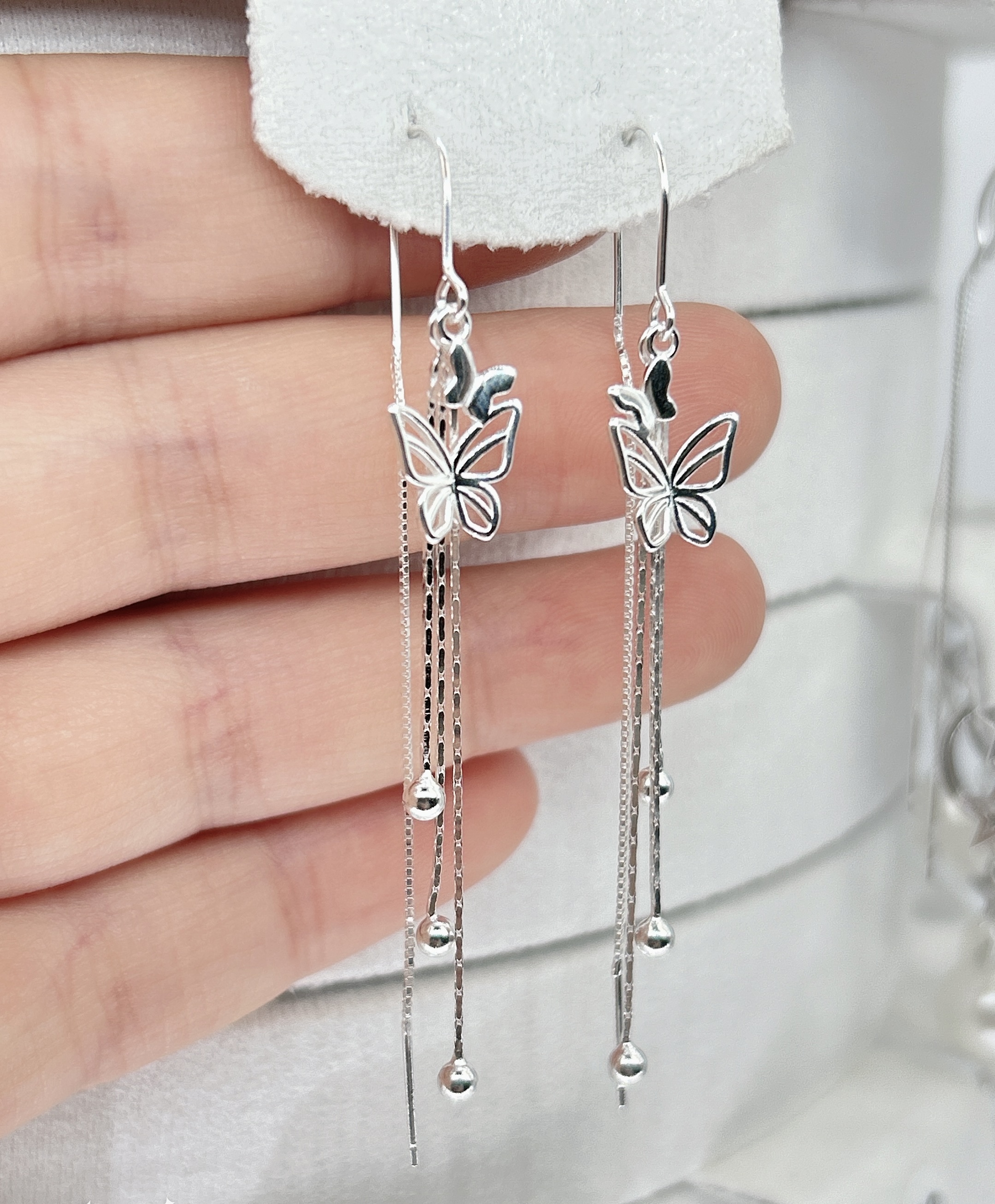 足银耳饰 纯银镂空蝴蝶夹流苏长款气质耳线网红防丢新款爆款 耳饰