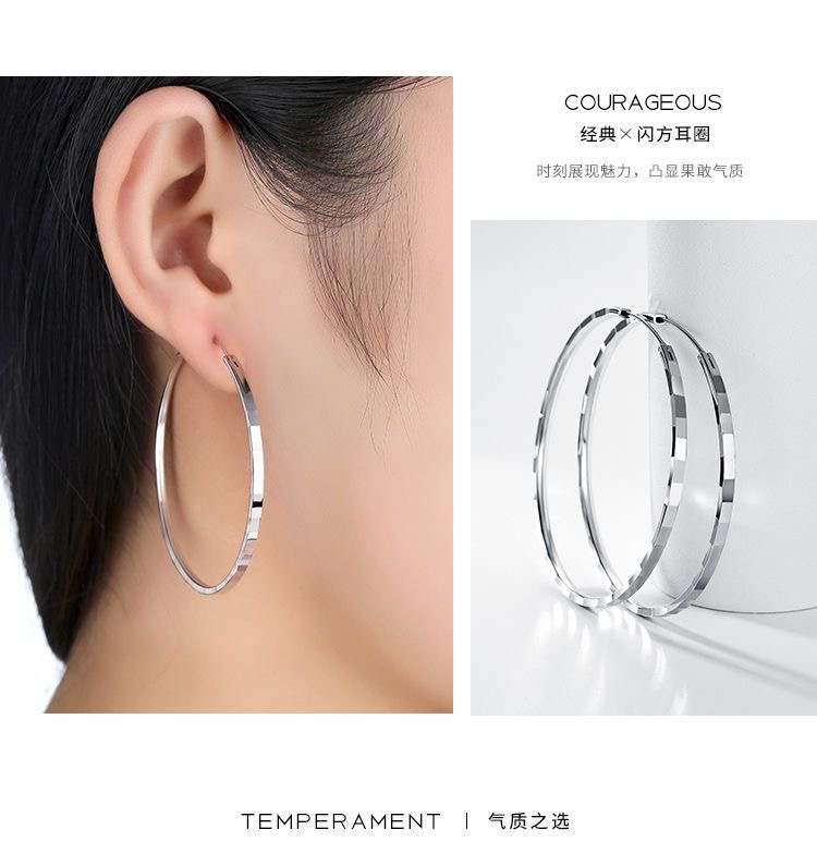 足银耳饰 纯银S990三面花纹大圈圈气质新款夸张高级感大耳圈时尚