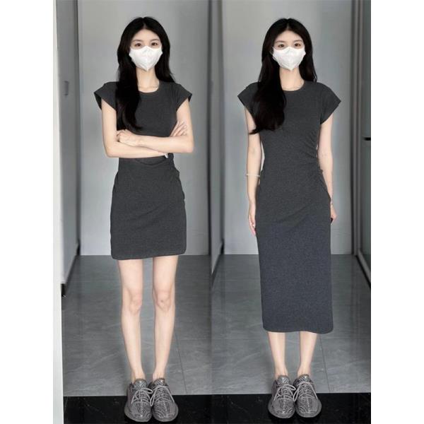 2025夏季新款法式褶皱T恤裙包臀裙女纯欲收腰显瘦小个子连衣裙女