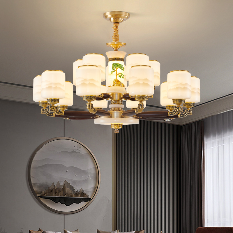 新中式轻奢复古玉石吊灯高档大气餐厅客厅书房灯一体创意隐形茶室