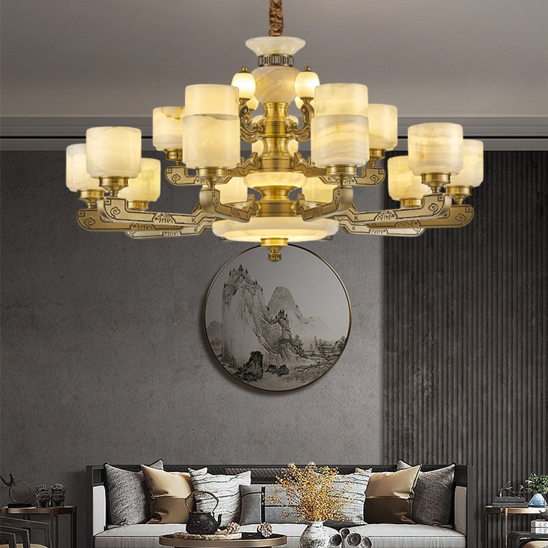 新中式全铜吊灯真玉石客厅灯2023新款豪华别墅楼大厅