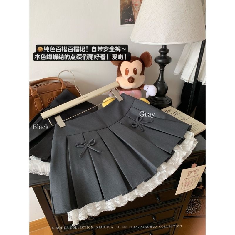 蕾丝边蝴蝶结百褶半身裙女秋季新款高腰显瘦拼接A字裙防走光短裙