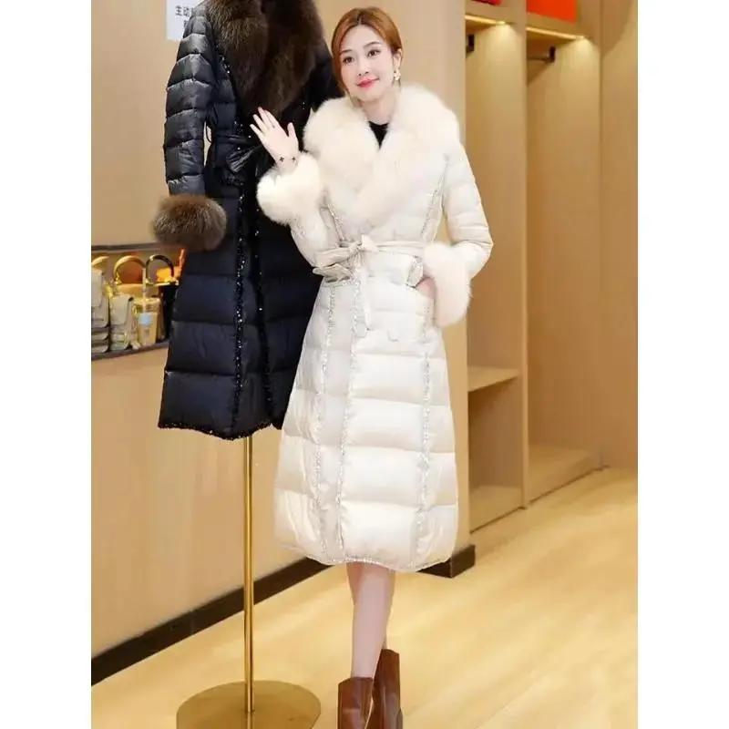 CxcvcK高档羽绒服女中长款2023新款冬季加厚修身显瘦白鸭绒大毛领