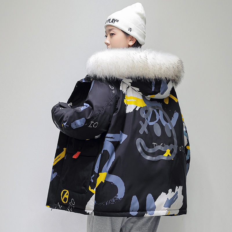 CxcvcK2022新款男士情侣羽绒服男冬季短款大毛领小恶魔涂鸦帅气外