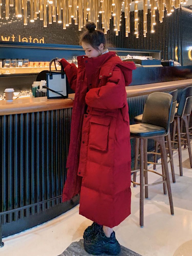 CxcvcK国潮特大码300斤红色羽绒服服女长款过膝冬装宽松加棉加厚