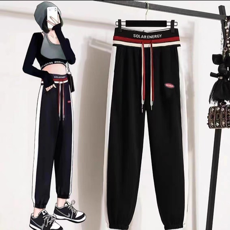 930款高腰抽绳相条百搭休闲卫裤保暖时尚外穿春季女裤春秋