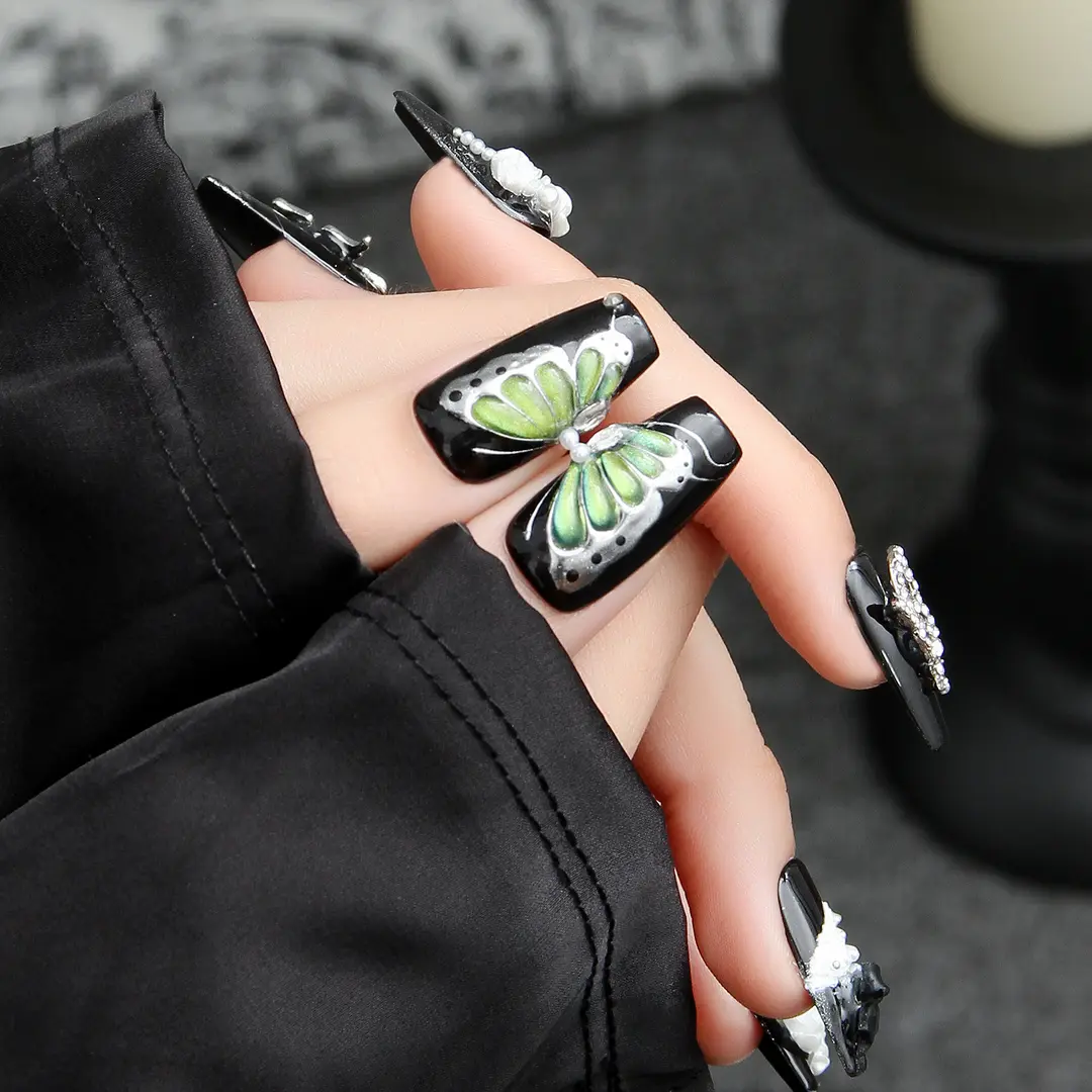 【黑晶蝴蝶】新品春夏款冰透感纯手工定制美甲可拆卸穿戴甲
