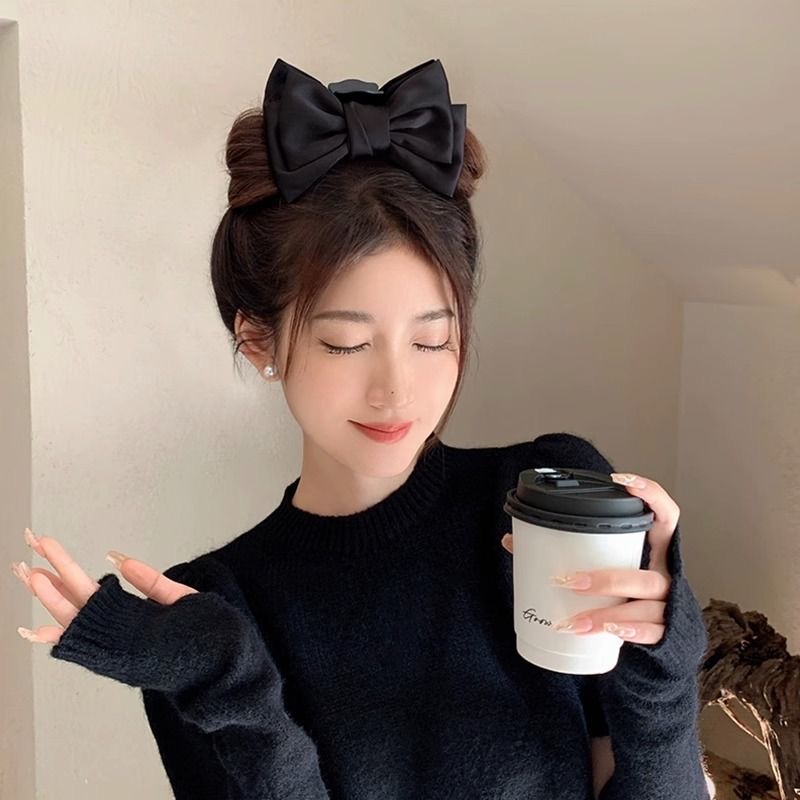 在逃公主大抓夹高级质感缎面双层新娘蝴蝶结发夹简约公主头饰黑色