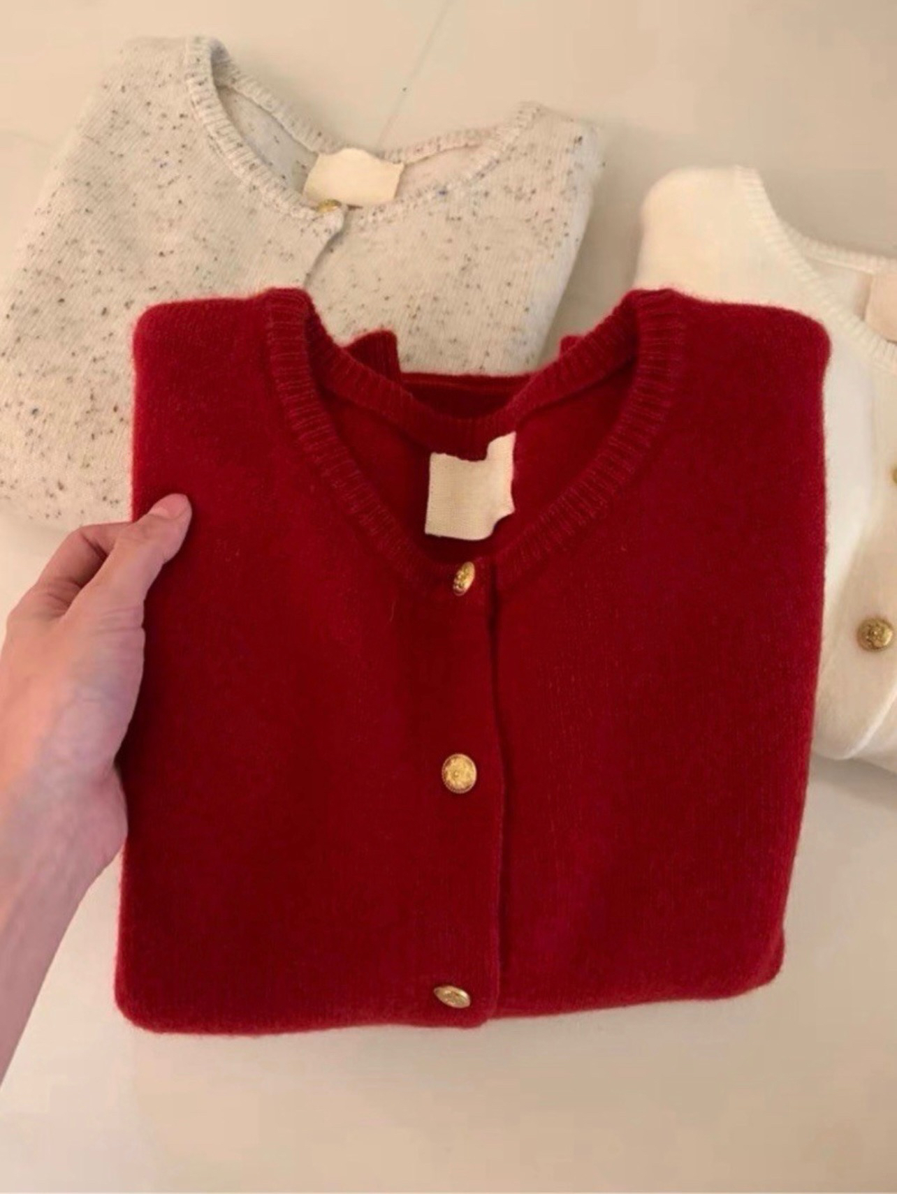 欧洲站金扣100纯羊毛开衫女圆领软糯纯色宽松针织毛衣外套上衣