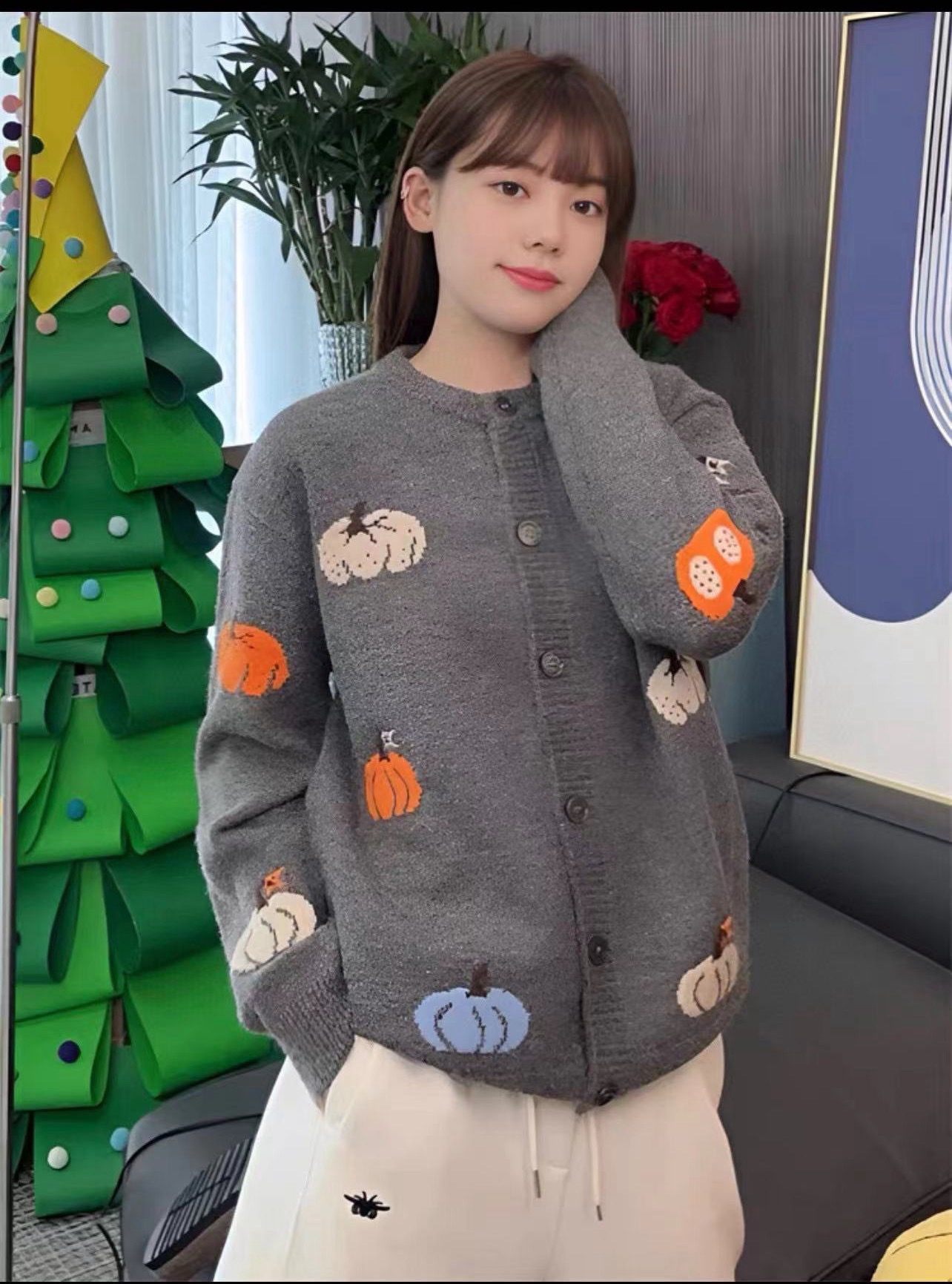 24年春季新款100%美丽诺羊毛时尚减龄加厚南瓜毛衫开衫