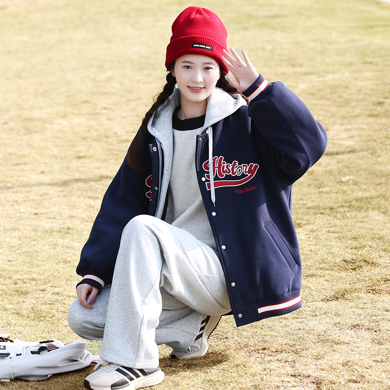 初中学生冬季外套夹棉加厚少女棉服新款高中生冬装假两件连帽