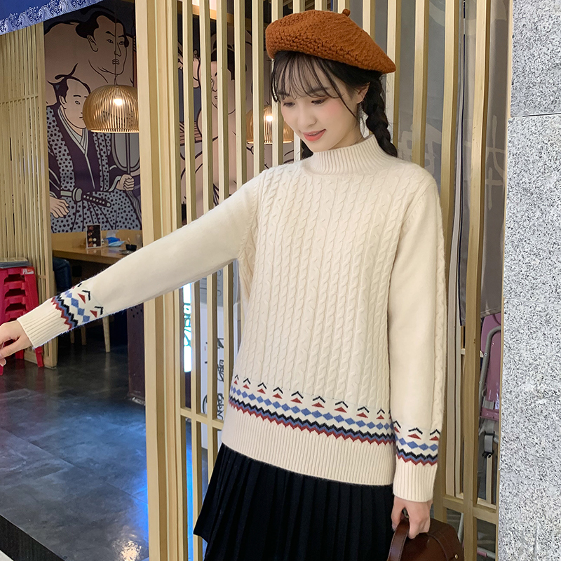 少女秋冬毛衣初中学生可爱圆领套头高中女生日系打底衫内搭半高领