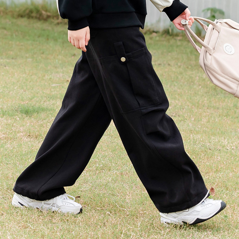 初中生工装裤黑色加绒秋冬新款少女大童15岁高中学生冬装裤子宽松