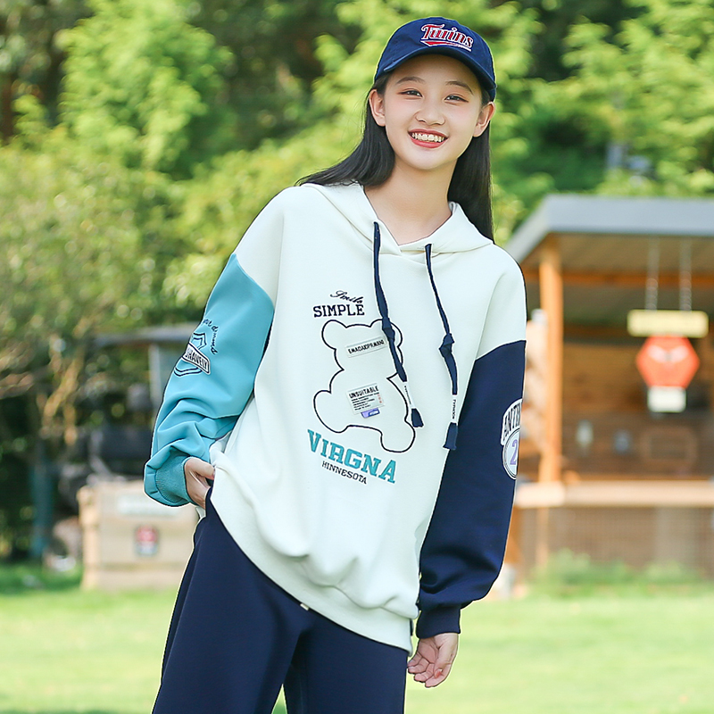 初中女生春装连帽卫衣少女大童高中学生春秋季上衣运动时尚撞色