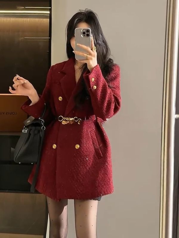 雅鹿冬装红色西装羽绒外套女2024冬季新款宽松气质中长款小个子收