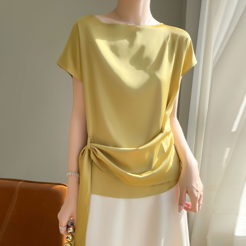 夏季薄款缎面短袖T恤露肩女气质时尚宽松一字领高级感垂感半袖