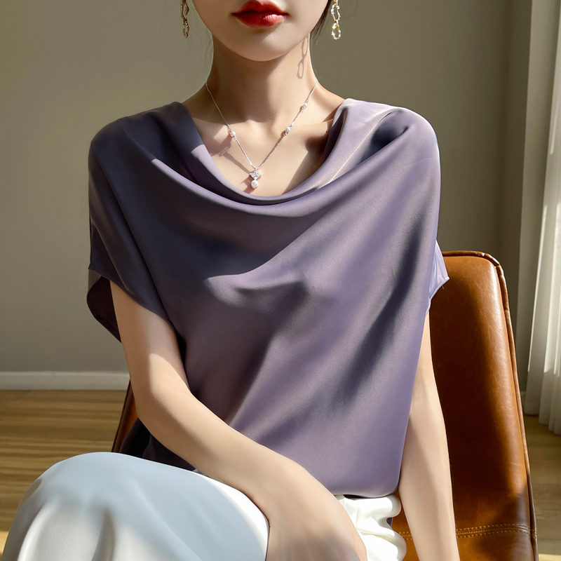气质女士一字荡领缎面飞飞袖气质纯欲风不规则时尚小众宽松设计感