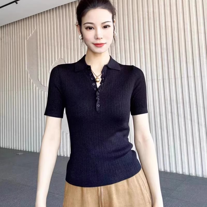 商场同款2024夏季新款黑色莫代尔POLO领显瘦针织短袖T恤女