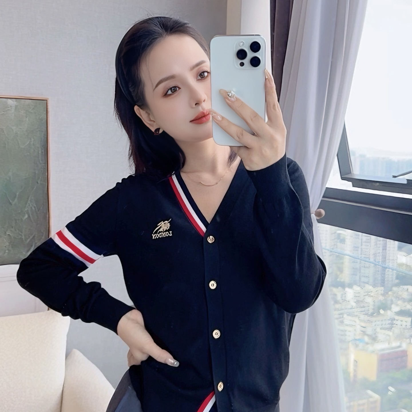 《叶子妃》刺绣条纹上衣开衫针织毛衫 JX4004
