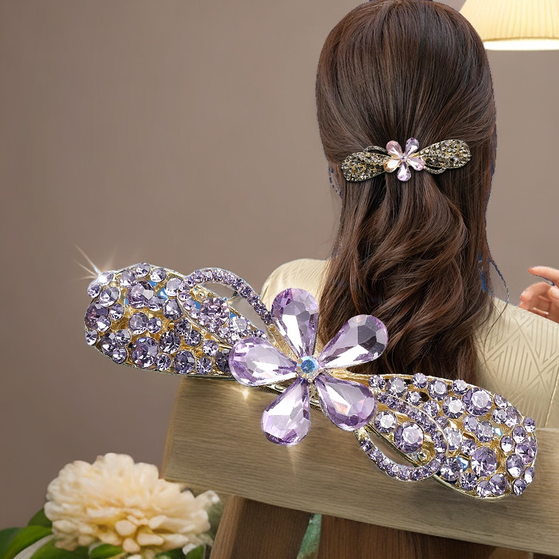 高品质大号半扎发发夹后脑勺头饰花朵水钻弹簧夹女式横夹顶夹