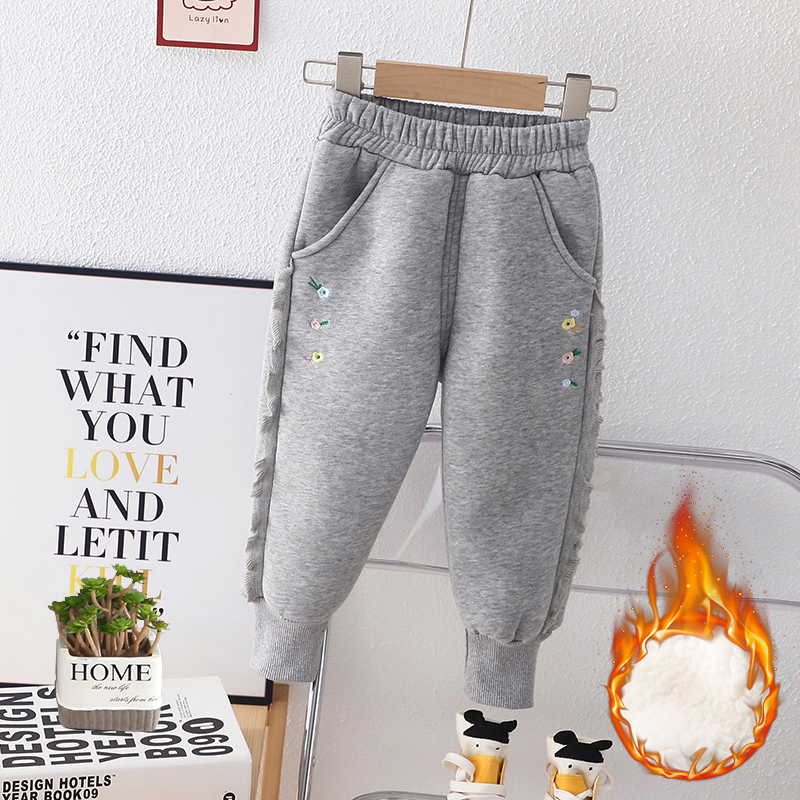 （加绒/不加绒）女童秋冬加绒休闲卫裤女孩洋气韩版运动裤花边长裤