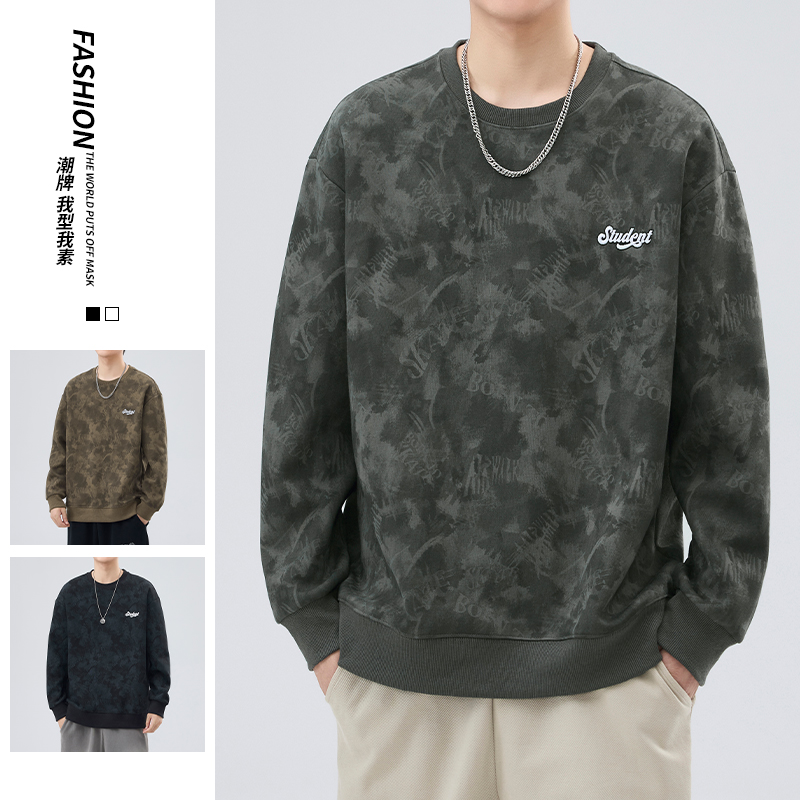 顾木森春秋季潮流刺绣休闲卫衣男士宽松大码百搭重磅圆领长袖T恤