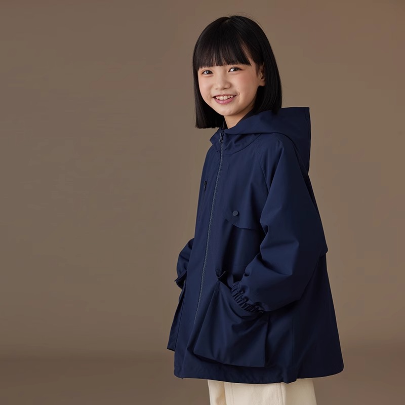 哈齿童装女童连帽外套春秋藏青色宽松儿童上衣男童户外三防冲风衣