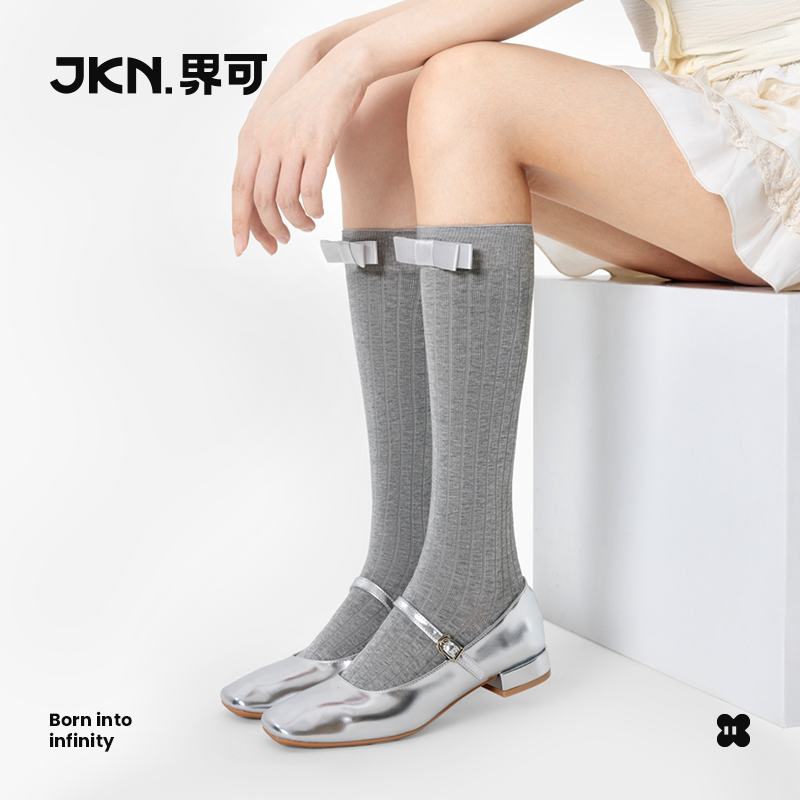 JKN蝴蝶结小腿袜女春秋芭蕾风堆堆袜甜美无骨竖条纹灰色长筒袜子