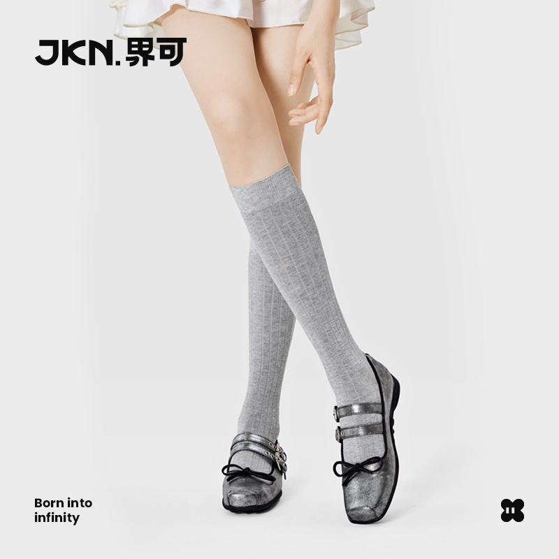 JKN灰色小腿袜女春夏长筒袜无骨棉竖条纹芭蕾风堆堆袜