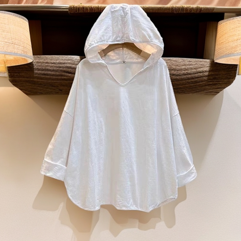 MF-竹节棉V领大码纯色套头长袖宽松休闲连帽衫时尚百搭韩版带帽