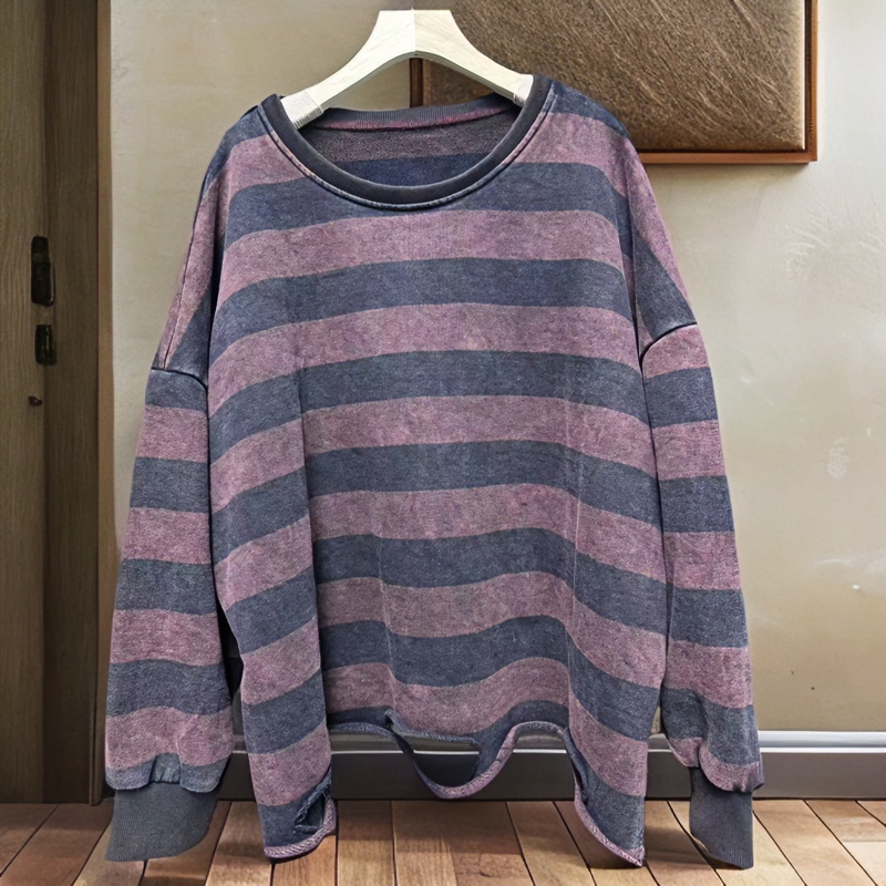 铭帆-秋冬款抄色复古条纹做旧毛圈棉长袖卫衣 衣长61厘米胸围150