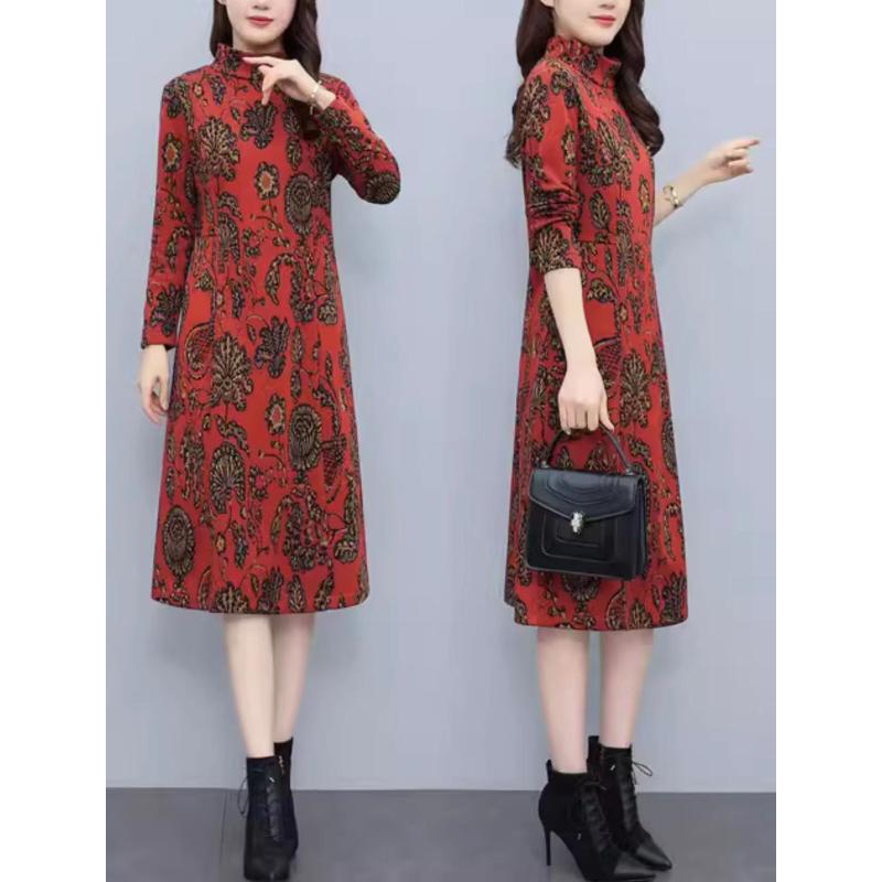 秋冬长袖连衣裙女2023新款加绒加厚妈妈装中长款过膝显瘦打底裙子