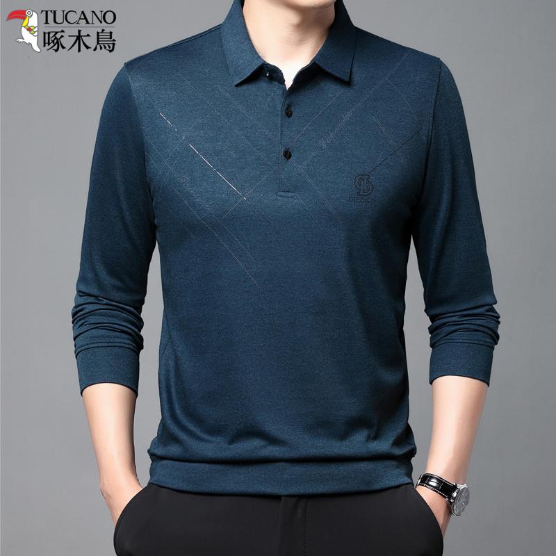 啄木鸟男士长袖T恤商务休闲中年宽松POIO衫中老年爸爸春秋打底衫