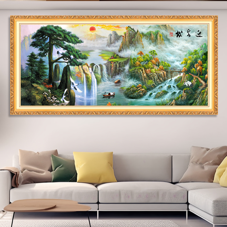客厅背景自粘壁画装饰画现代简约墙贴孔雀贴纸仿真假框山水画
