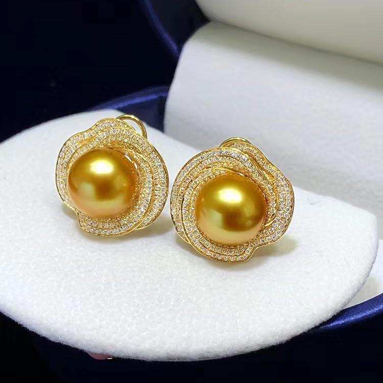 925银珐琅耳饰 高端珠宝浓金色正圆12~14m玫瑰花豪华镶嵌精致时尚