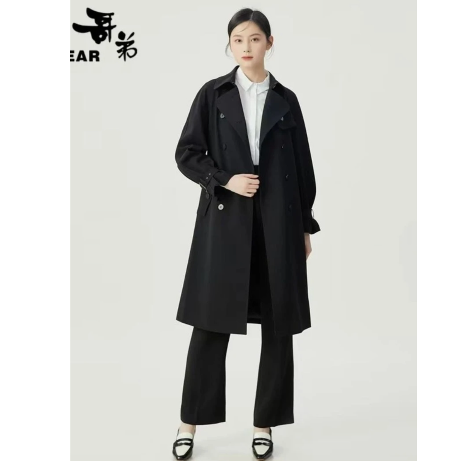 GIRDEAR/哥弟哥弟新款长袖双排扣腰带中长收腰纯色风衣1400164