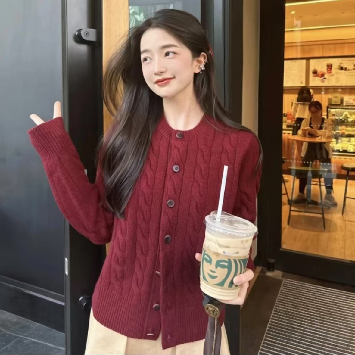 GIRDEAR/哥弟早秋时尚红色圆领麻花纹绵羊毛针织开衫外套1499248