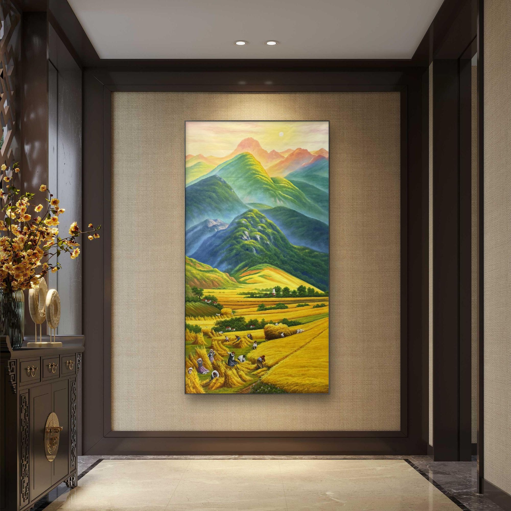 《巨人山》纯手绘油画入户玄关走廊过道沙发挂画秋收丰收图现代美式