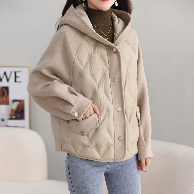 【设计师】高端双面羊毛大衣女短款秋冬新款连帽加羽绒内胆毛呢外套