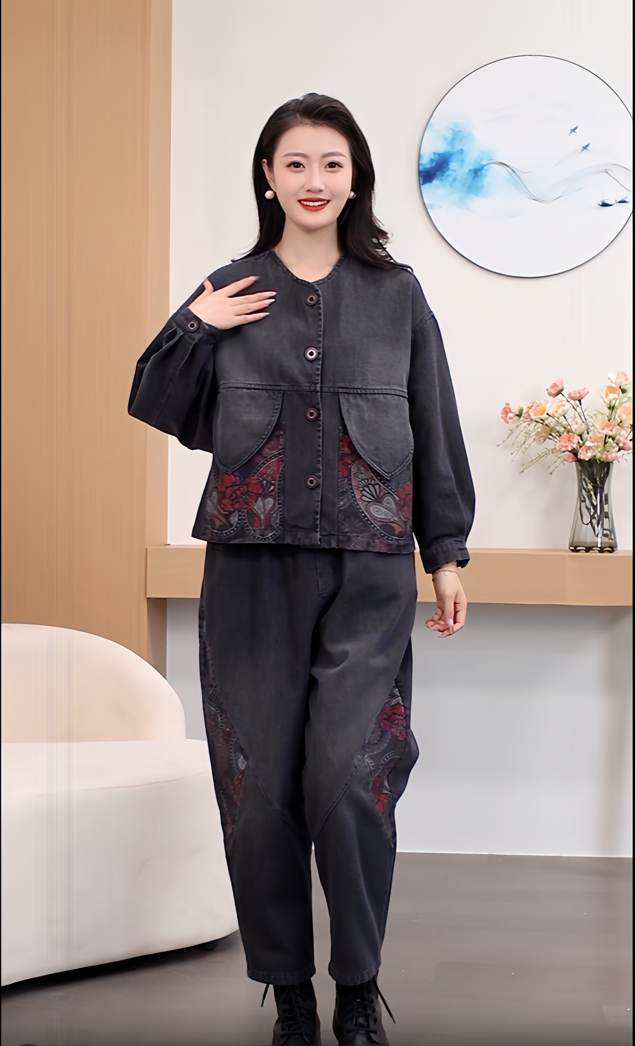 【88012】秋季大码宽松减龄国风重工水洗休闲百搭拼接牛仔时尚套装