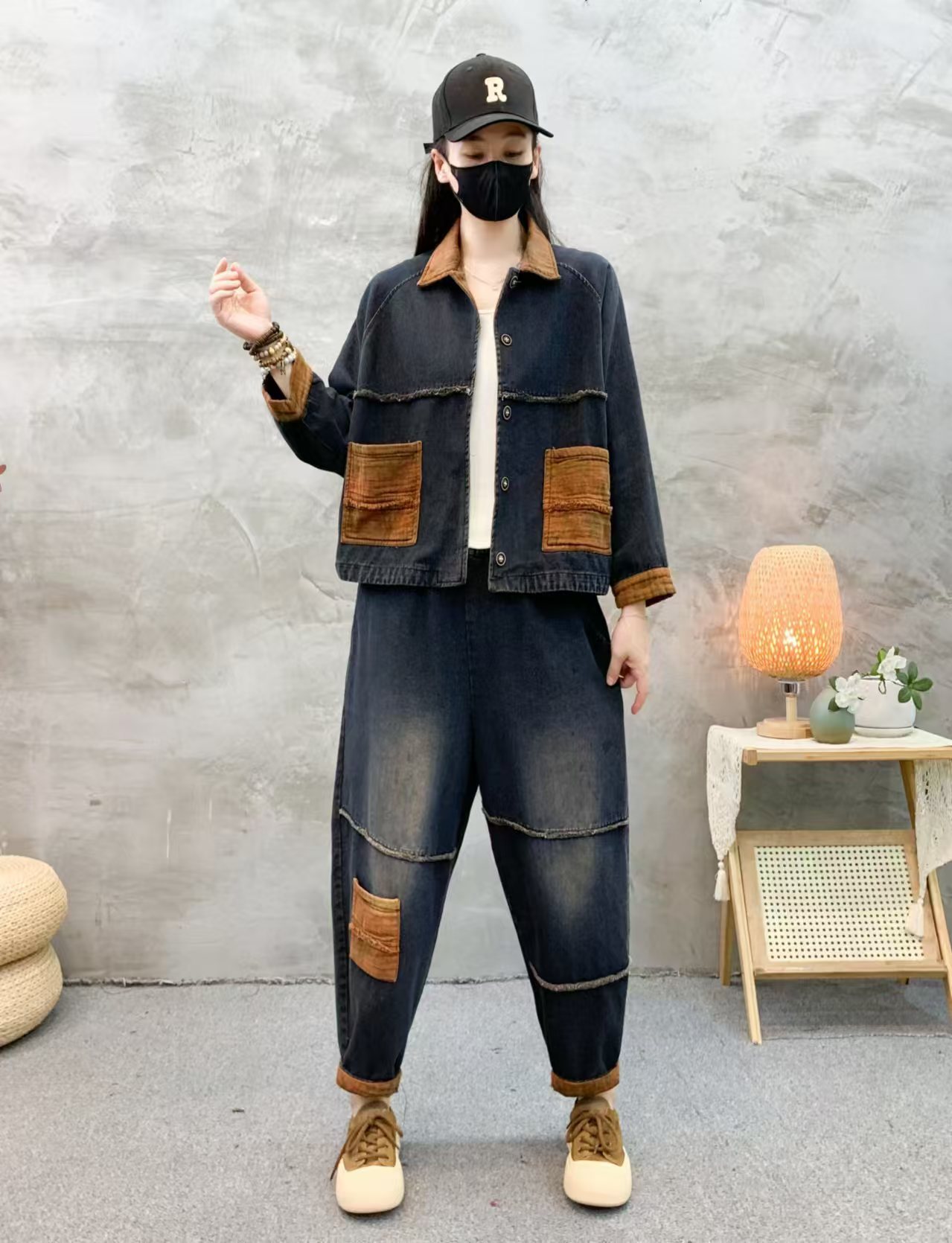 秋季新款宽松时尚休闲百搭显瘦韩版拼接重工水洗牛仔套装