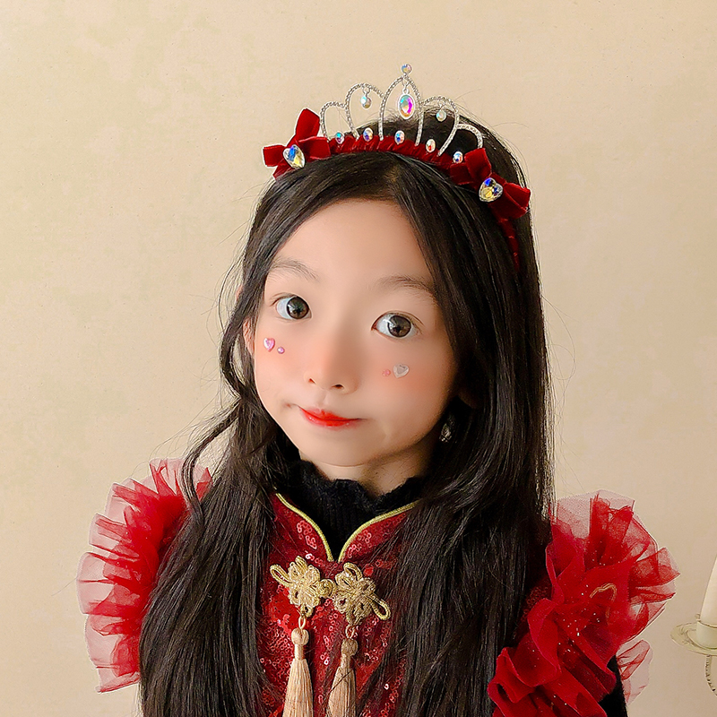 公主气质水钻皇冠头饰女儿童复古黑色丝绒蝴蝶结发箍红色生日发卡