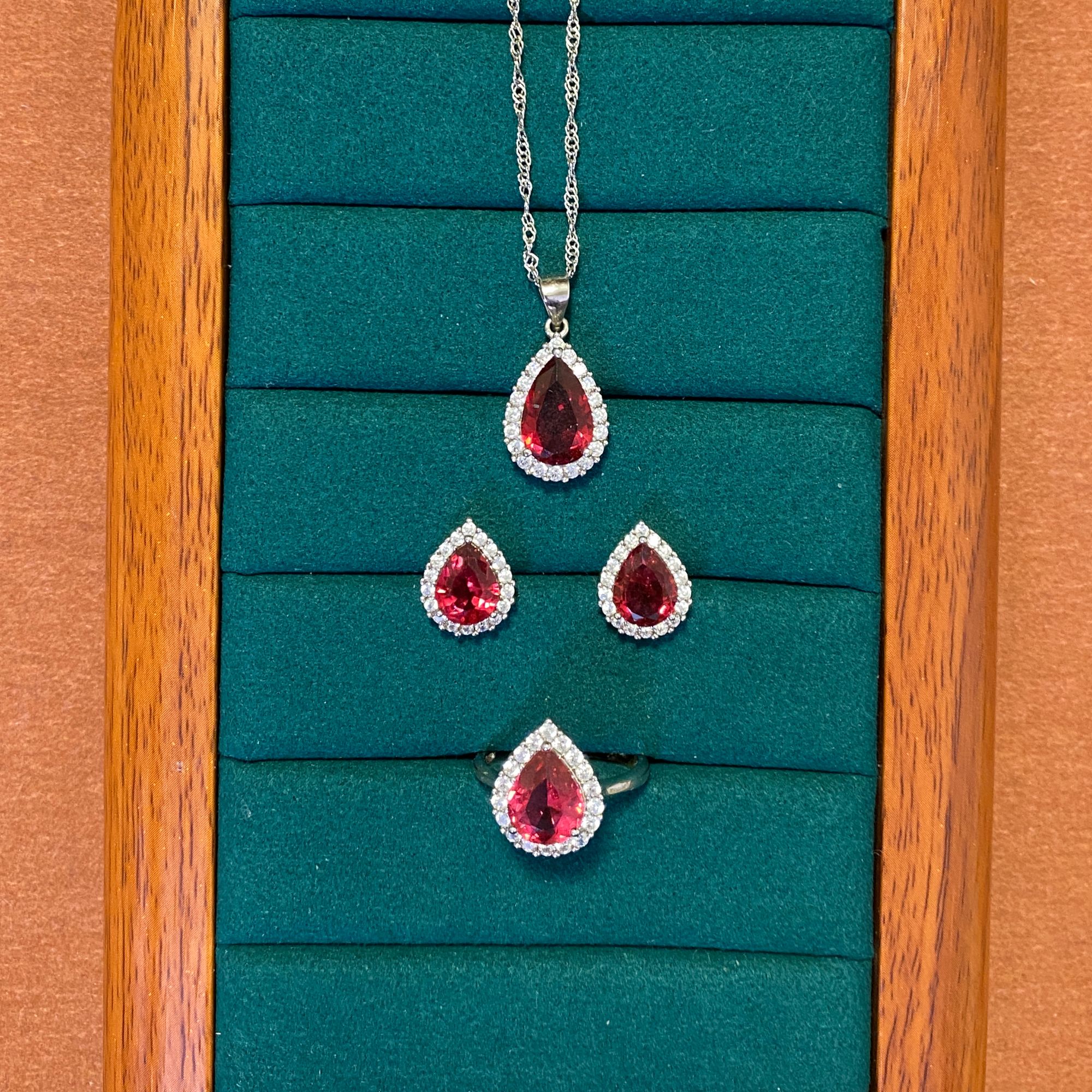 坠链均925银合成锆石 B07   925纯银三件套   水滴型精致时尚清新