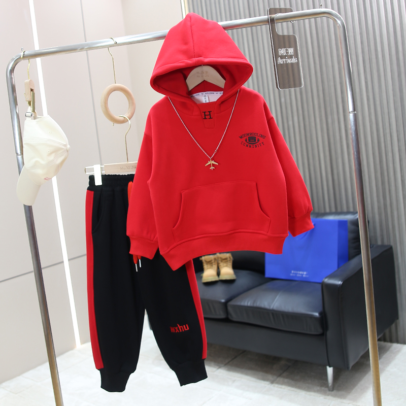 【中国红新年服绒衫】男童加绒连帽卫衣2024新款儿童秋冬装加厚保暖