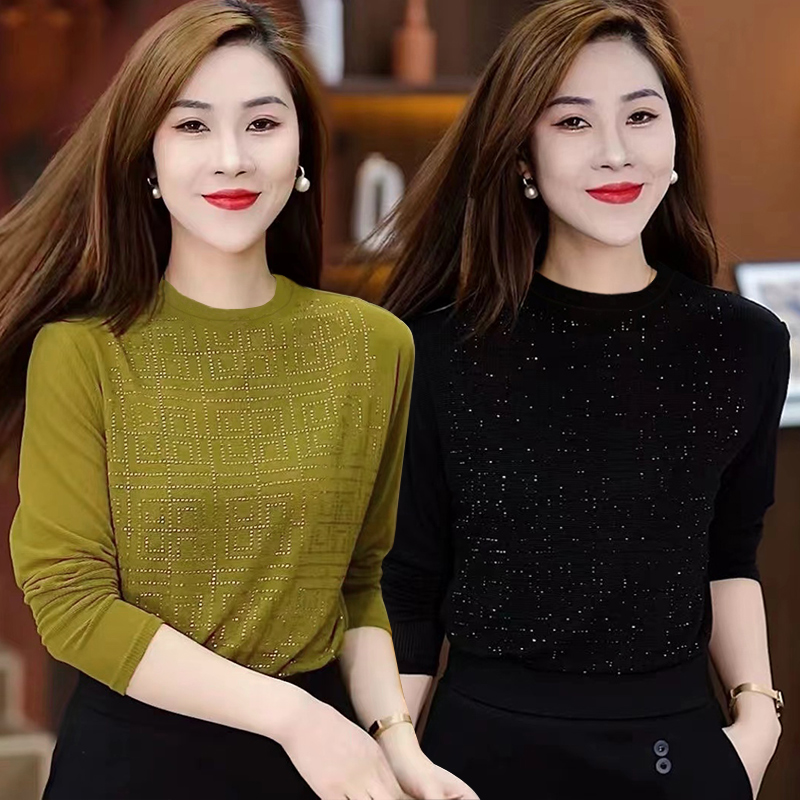 烫钻上衣女秋季新款圆领时尚洋气减龄妈妈装气质长袖百搭打底衫T