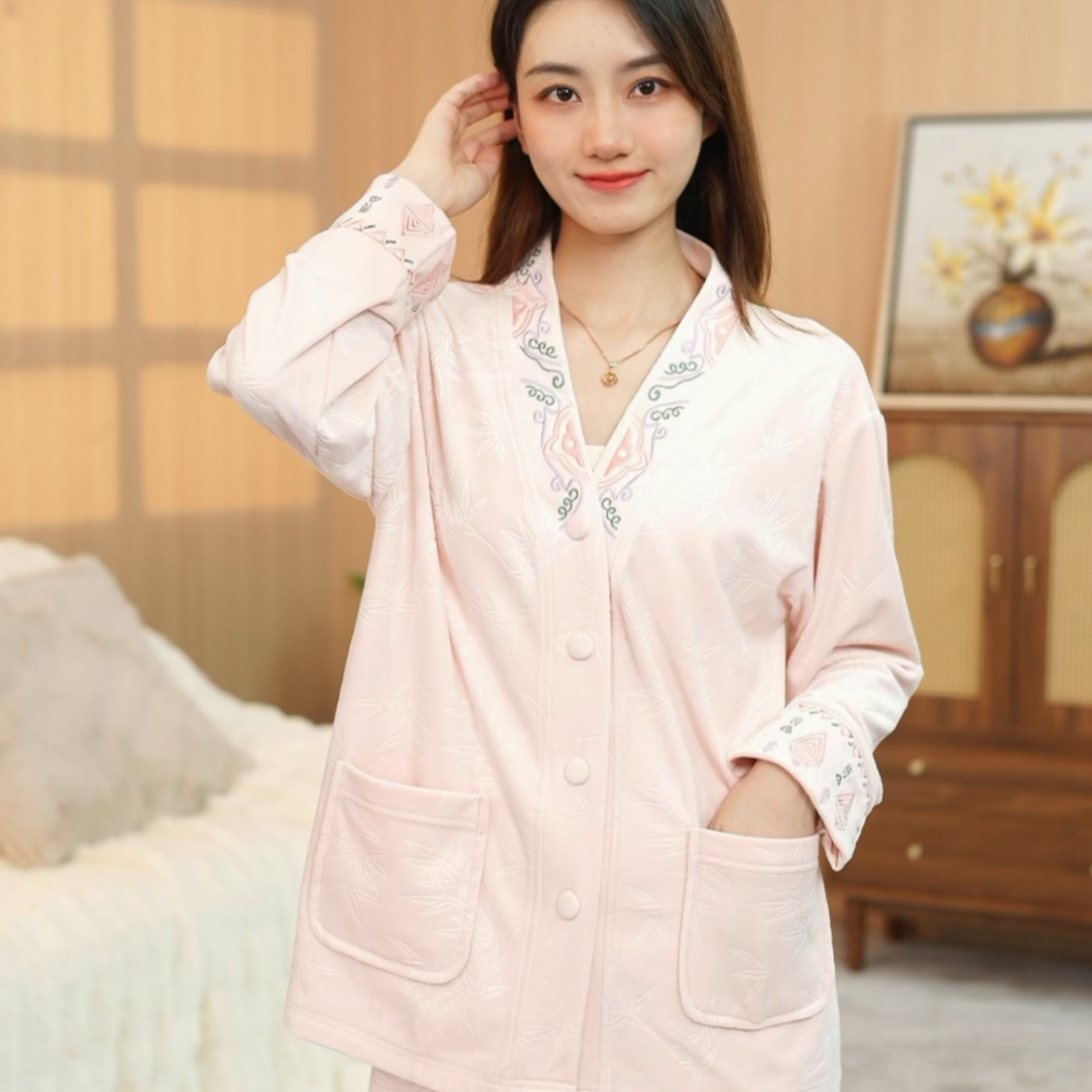 2024款秋冬季新品上新时尚舒适宽松V领长袖女士睡衣家居服套装CYY