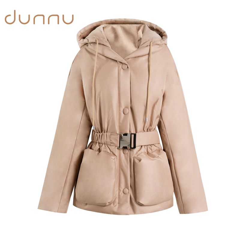 dunnu敦奴2024冬新款松紧收腰连帽羽绒服一手长外套FS5Y2163