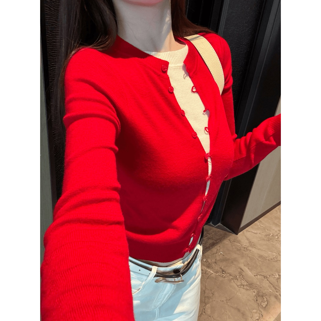国庆红假两件拼接上衣辣妹圆领长袖针织衫修身显瘦百搭休闲T恤