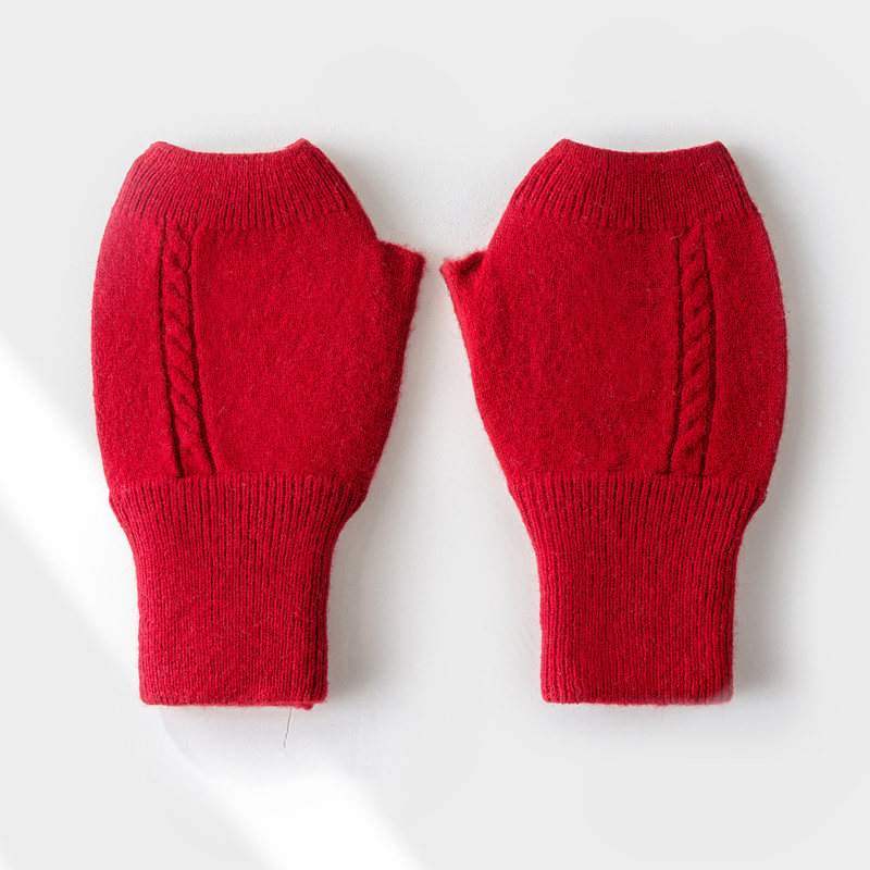 【不议价】女士纯山羊绒30克7针双股绞花加厚保暖针织防寒半指手套